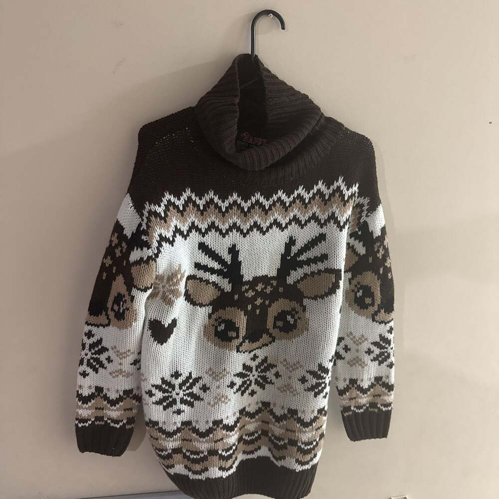 Happy Holidays Fair Isle Reindeer Turtleneck Sweater Brown White Knit